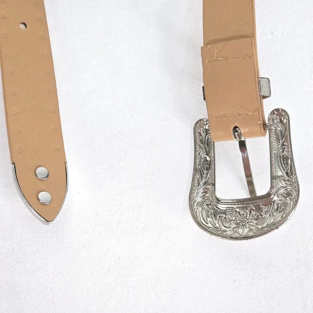 Western Belt‎ Silver Floral Buckle Women's 36" Tan Studded Leather Cowgirl Style - Picture 3 of 8